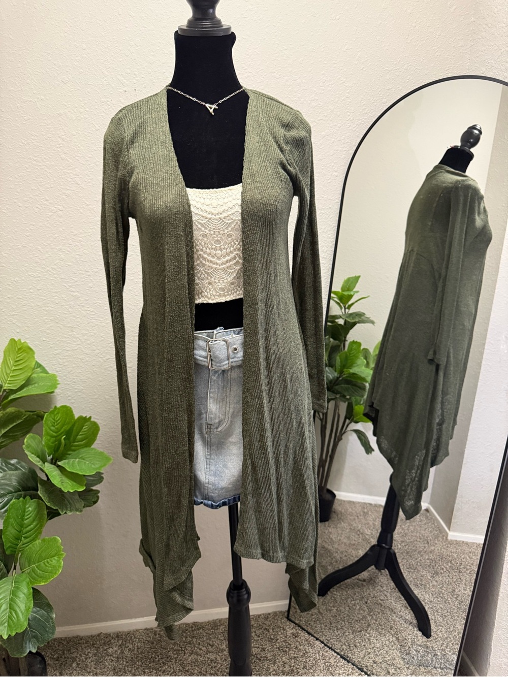 Derek Heart Olive Green Open-Front Duster Cardigan
